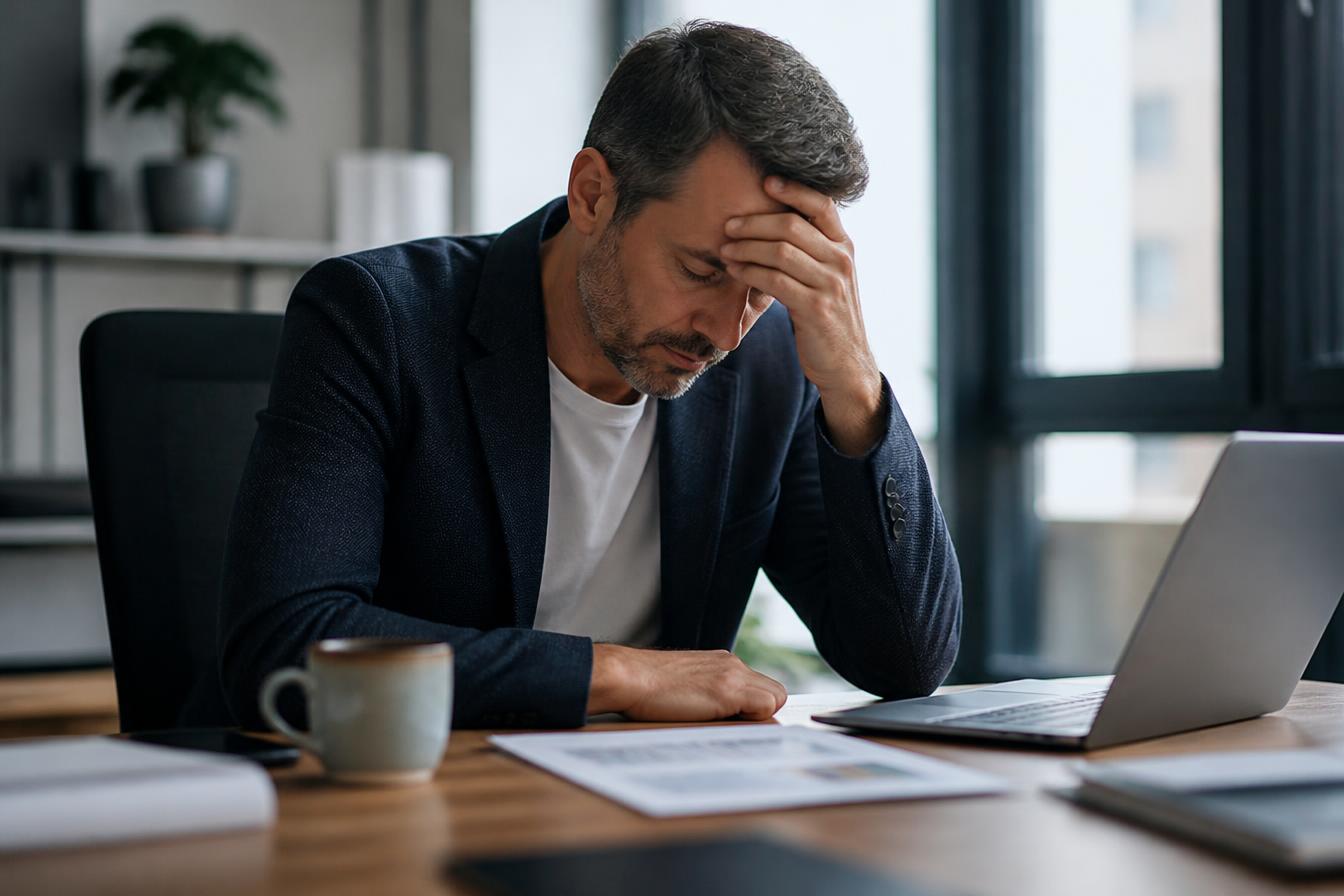 Overwhelmed business executive in a modern office reviewing marketing work